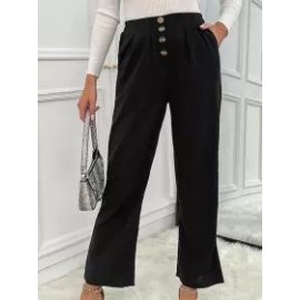 Casual Solid Color Button High Waist Trousers