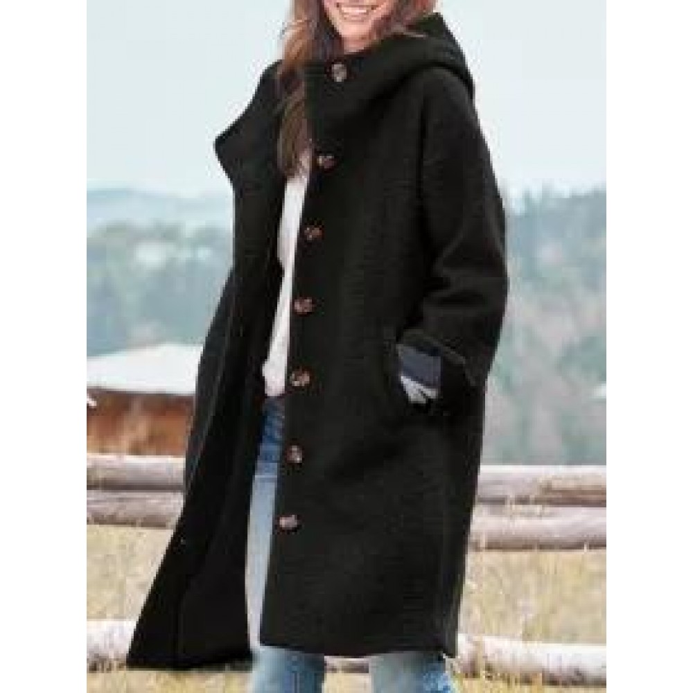 Women's Elegant Solid Hooded Fleece Button-Down Coat