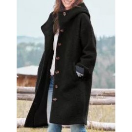 Women's Elegant Solid Hooded Fleece Button-Down Coat