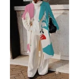Loose Casual Abstract Print Wool Lapel Long Sleeve Coat