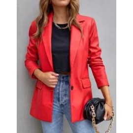 Casual Solid Lapel Pocket Long Sleeve Leather Blazer