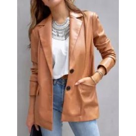 Casual Solid Lapel Pocket Long Sleeve Leather Blazer