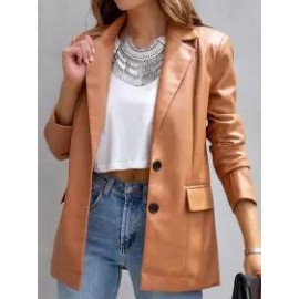 Casual Solid Lapel Pocket Long Sleeve Leather Blazer