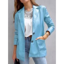 Casual Solid Lapel Pocket Long Sleeve Leather Blazer