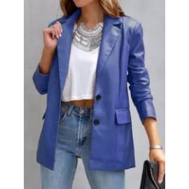 Casual Solid Lapel Pocket Long Sleeve Leather Blazer