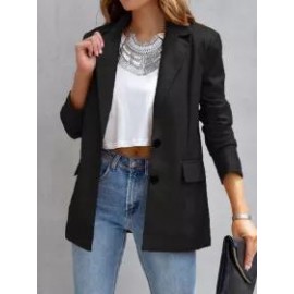Casual Solid Lapel Pocket Long Sleeve Leather Blazer