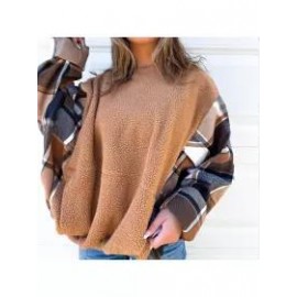 Women Plaid Patchwork Polar Fleece Sweatshirt