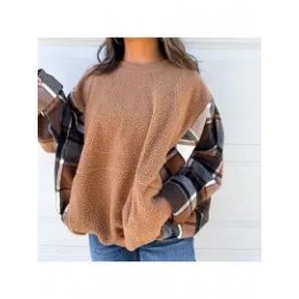 Women Plaid Patchwork Polar Fleece Sweatshirt