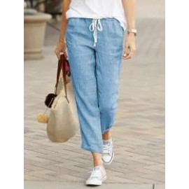 Spring And Autumn Solid Color Loose Casual Drawstring Elastic Waist Cotton And Linen Trousers