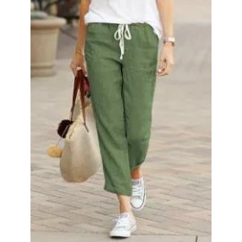 Spring And Autumn Solid Color Loose Casual Drawstring Elastic Waist Cotton And Linen Trousers