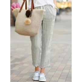 Spring And Autumn Solid Color Loose Casual Drawstring Elastic Waist Cotton And Linen Trousers