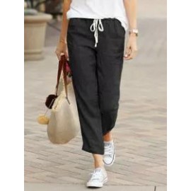 Spring And Autumn Solid Color Loose Casual Drawstring Elastic Waist Cotton And Linen Trousers
