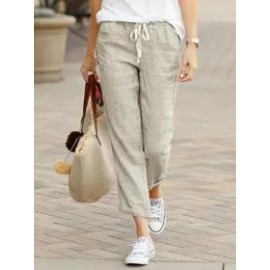 Spring And Autumn Solid Color Loose Casual Drawstring Elastic Waist Cotton And Linen Trousers