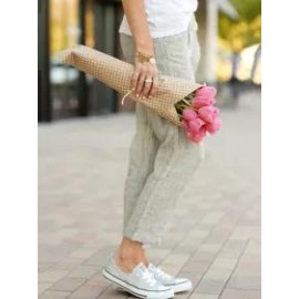 Spring And Autumn Solid Color Loose Casual Drawstring Elastic Waist Cotton And Linen Trousers