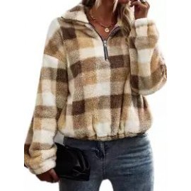 Polo Collar Casual Loose Plush Panel Zip Coat
