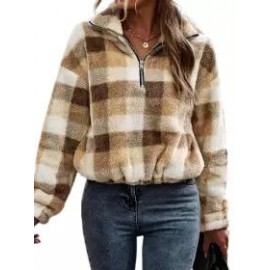 Polo Collar Casual Loose Plush Panel Zip Coat