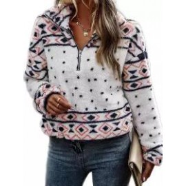 Polo Collar Casual Loose Plush Panel Zip Coat