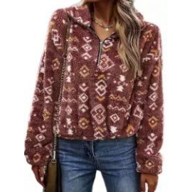 Polo Collar Casual Loose Plush Panel Zip Coat