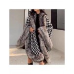 New Women Chic Vintage Houndstooth Fur Leather Casual Jacket Coat