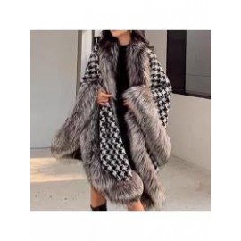 New Women Chic Vintage Houndstooth Fur Leather Casual Jacket Coat