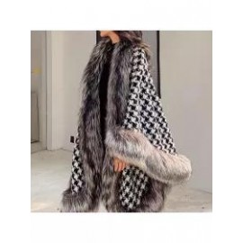 New Women Chic Vintage Houndstooth Fur Leather Casual Jacket Coat