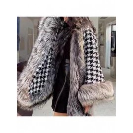 New Women Chic Vintage Houndstooth Fur Leather Casual Jacket Coat