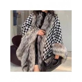New Women Chic Vintage Houndstooth Fur Leather Casual Jacket Coat